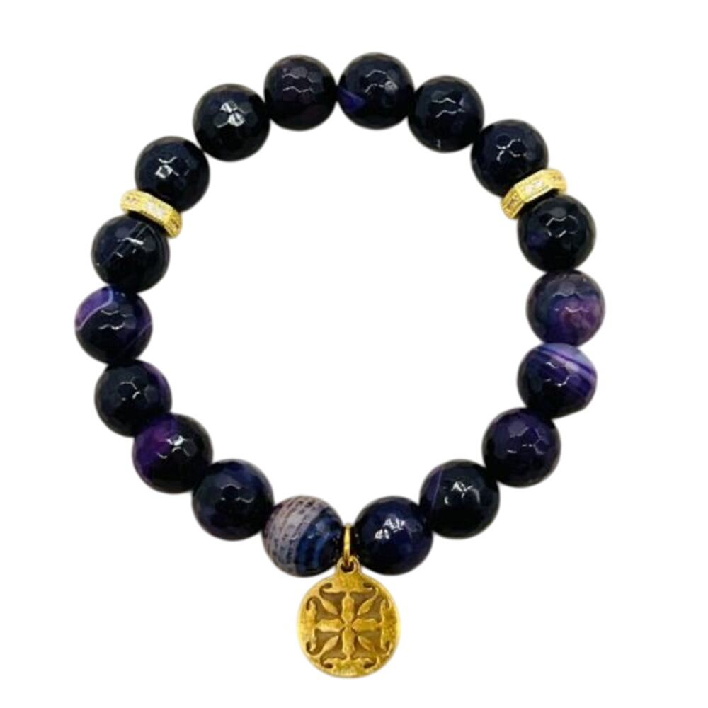 Rustic Cuff PURPLE ONYX BEADS w/ Gold accents & logo Stretch Stacking Bracelet